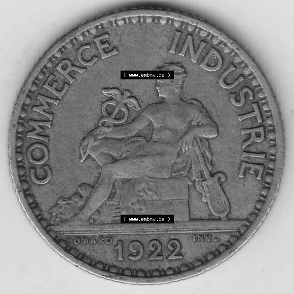 Grau bzw. s/w Münzen Frankreich Umlaufmünze 1922-1927, 1 Franken, BON POUR One Franc, 1922-2 CHAMBRES DE COMMERCE DE FRANCE. Vorderseite der alten französischen Umlaufmünze... Sammlung Graustufen