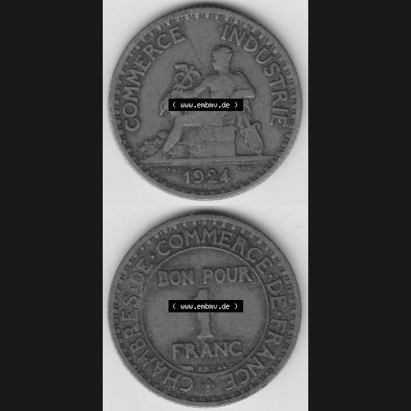 Grau bzw. s/w Münzen Frankreich Umlaufmünze 1920-1927, 1 Franken BON POUR 1 FRANC 1924-1. Vorderseite und Rückseite vertikal auf einen digitalen Bild der alten französischen Umlaufmünze... Sammlung Graustufen