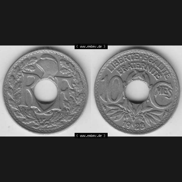 Grau bzw. s/w Münzen Frankreich Umlaufmünze Vollansicht 1917-1938, 10 Centimes, 10 CMES EGALITÉ FRATERNITÉ LIBERTÉ 1923-1. Beidseitiges Bildmaterial einer Umlaufmünze... Sammlung Graustufen