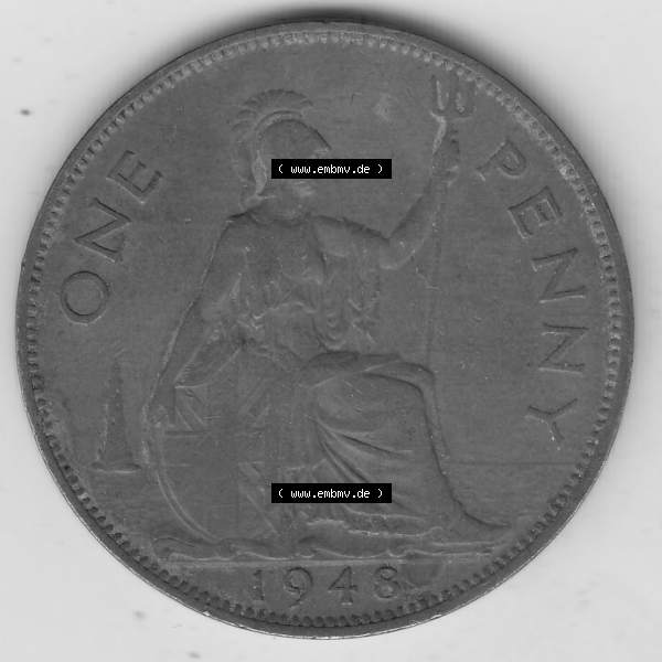 Grau bzw. s/w Münzen Großbritannien Umlaufmünze 1937-1948. 1 One Penny 1948-2, George VI, GEORGIVS VI DGBROMNREX FDINDIMP. HP. Rückseite der alten britischen Münze... Sammlung Graustufen