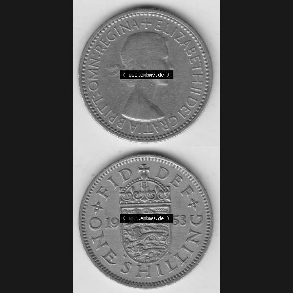 Grau bzw. s/w Münzen Großbritannien Umlaufmünze 1954-1970, 1 Schilling - One Shilling, 1953-1 Wappen mit drei Löwen. Vorderseite und Rückseite vertikal untereinander auf... Sammlung Graustufen