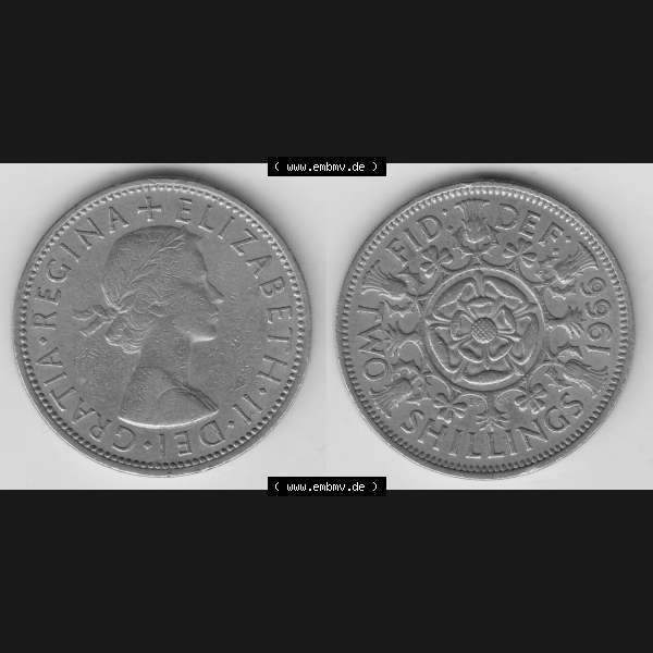 Grau bzw. s/w Münzen Großbritannien Umlaufmünze 1954-1970, 2 Schilling - Shillings 1966-3. Vorderseite und Rückseite horizontal auf einen digitalen Bild der alten britischen Münze... Sammlung Graustufen