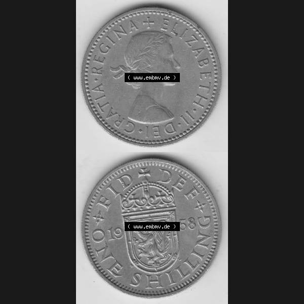 Grau bzw. s/w Münzen Großbritannien Umlaufmünze 1954-1970, 1 Schilling - Shilling, 1958-1 Wappen mit einen Löwen. Vorderseite und Rückseite vertikal untereinander auf einen... Sammlung Graustufen