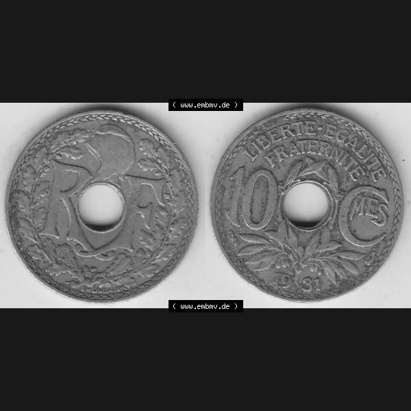 Grau bzw. s/w Münzen Frankreich Umlaufmünze Vollansicht 1917-1938, 10 Centimes, RF - Frankreich 10 CMES EGALITÉ FRATERNITÉ LIBERTÉ 1931-2. Vorderseite und Rückseite... Sammlung Graustufen