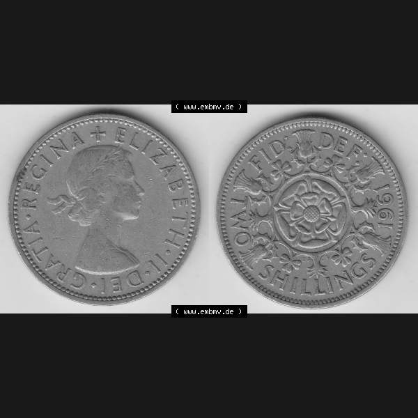 Grau bzw. s/w Münzen Großbritannien Umlaufmünze 1954-1970, 2 Schilling - Shillings 1961-3. Vorderseite und Rückseite horizontal auf einen digitalen Bild der alten britischen Münze... Sammlung Graustufen