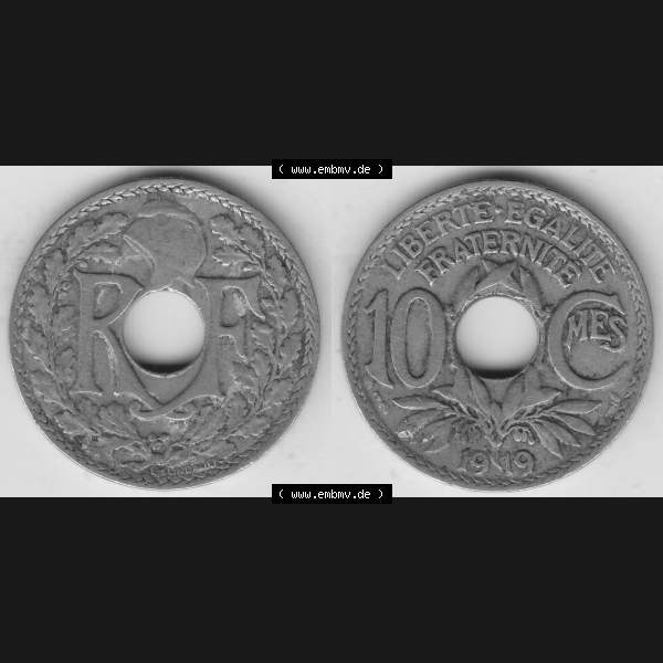 Grau bzw. s/w Münzen Frankreich Umlaufmünze Vollansicht 1917-1938, 10 Centimes, 10 CMES EGALITÉ FRATERNITÉ LIBERTÉ 1919-2. Vorderseite und Rückseite horizontal... Sammlung Graustufen