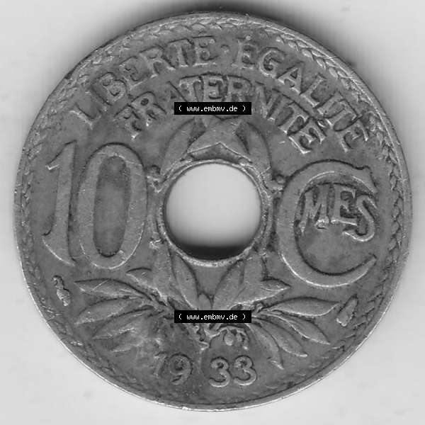 Grau bzw. s/w Münzen Frankreich Umlaufmünze 1917-1938, 10 Centimes, 10 CMES EGALITÉ FRATERNITÉ LIBERTÉ 1933-1. Digitales Bild der Rückseite mit Wertzahl / Nennwert... Sammlung Graustufen