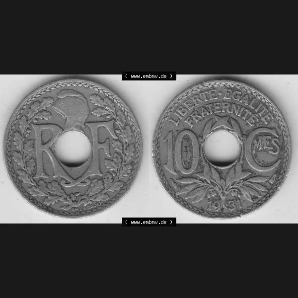 Grau bzw. s/w Münzen Frankreich Umlaufmünze Vollansicht 1917-1938, 10 Centimes, RF - Frankreich 10 CMES EGALITÉ FRATERNITÉ LIBERTÉ 1931-1. Vorderseite und Rückseite... Sammlung Graustufen