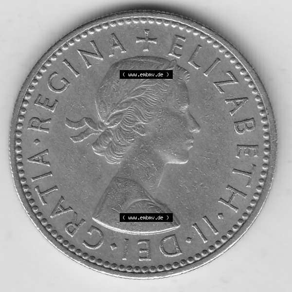 Grau bzw. s/w Münzen Großbritannien Umlaufmünze 1954-1970, 1 Schilling - One Shilling, 1956-1 Wappen mit drei Löwen. Vorderseite der alten britischen Münze aus Großbritannien... Sammlung Graustufen
