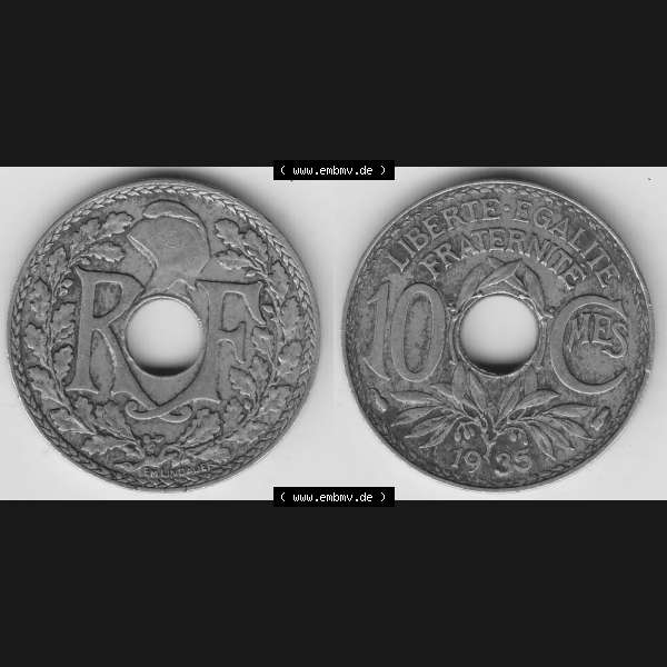 Grau bzw. s/w Münzen Frankreich Umlaufmünze 1917-1938, 10 Centimes - Cmes 1935-4. Vorderseite und Rückseite horizontal auf einen digitalen Bild der alten französischen Umlaufmünze... Sammlung Graustufen
