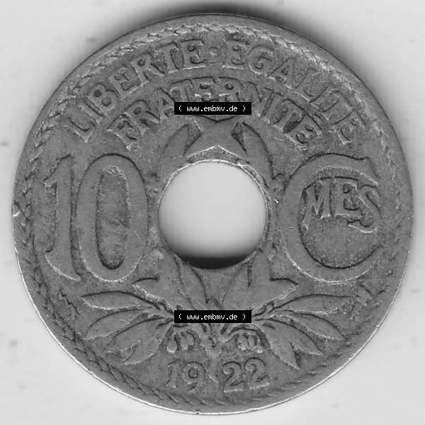 Grau bzw. s/w Münzen Frankreich Umlaufmünze 1917-1938, 10 Centimes, 10 CMES EGALITÉ FRATERNITÉ LIBERTÉ 1922-1. Digitales Bild der Rückseite mit Wertzahl / Nennwert... Sammlung Graustufen