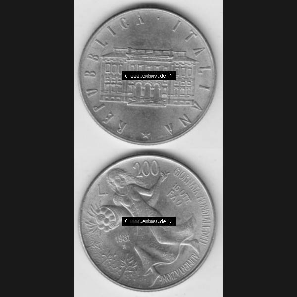 Grau bzw. s/w Bildmaterial von Münzen aus Italien / Italia Gedenkmünzen 1981-1981, 200 Lire FAO - Welternährungstag. Vorderseite und Rückseite vertikal untereinander auf einen digitalen... Sammlung Graustufen