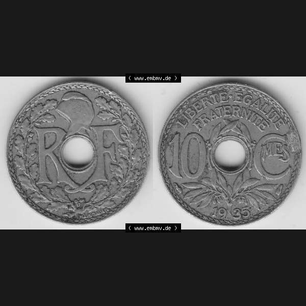 Grau bzw. s/w Münzen Frankreich Umlaufmünze 1917-1938, 10 Centimes - Cmes 1935-3. Vorderseite und Rückseite horizontal auf einen digitalen Bild der alten französischen Umlaufmünze... Sammlung Graustufen