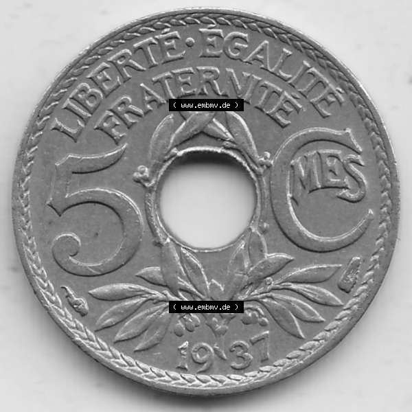 Grau bzw. s/w Alte Münzen KMS Frankreich, aus Kursmünzensatz-Zusammenstellung der Jahre 1917-1952, mit der Münze 1920-1938, 5 Cmes, Centimes 1937-1. Rückseite der alten... Sammlung Graustufen