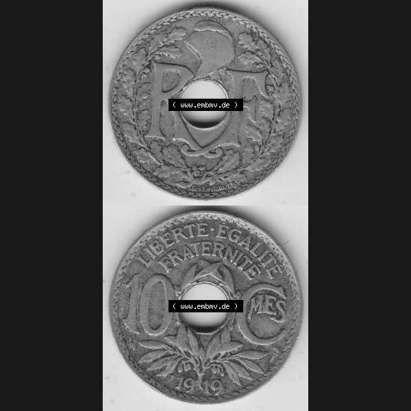 Grau bzw. s/w Münzen Frankreich Umlaufmünze Vollansicht 1917-1938, 10 Centimes, 10 CMES EGALITÉ FRATERNITÉ LIBERTÉ 1919-1. Vorderseite und Rückseite vertikal auf... Sammlung Graustufen