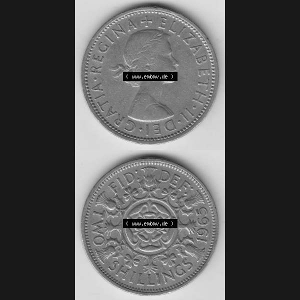 Grau bzw. s/w Münzen Großbritannien Umlaufmünze 1954-1970, 2 Schilling - Shillings 1965-1. Vorderseite und Rückseite vertikal untereinander auf einen digitalen Bild der alten britischen... Sammlung Graustufen