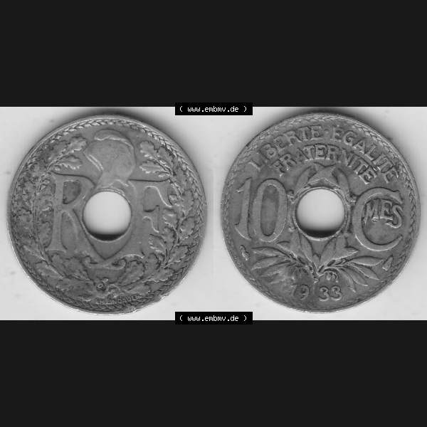Grau bzw. s/w Münzen Frankreich Umlaufmünze Vollansicht 1917-1938, 10 Centimes, 10 CMES EGALITÉ FRATERNITÉ LIBERTÉ 1933-1. Beidseitiges Bildmaterial einer Umlaufmünze... Sammlung Graustufen