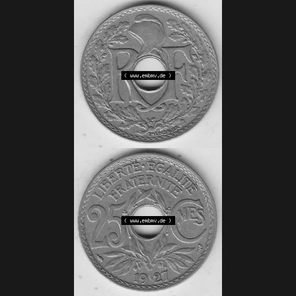 Grau bzw. s/w Alte Münzen KMS Frankreich, aus Kursmünzensatz-Zusammenstellung der Jahre 1917-1952, mit der Münze 1917-1937, 25 Cmes, Centime 1927-1. Vorderseite und Rückseite... Sammlung Graustufen