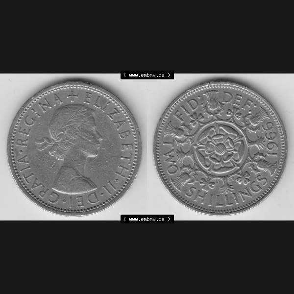 Grau bzw. s/w Münzen Großbritannien Umlaufmünze 1954-1970, 2 Schilling - Shillings 1966-4. Vorderseite und Rückseite horizontal auf einen digitalen Bild der alten britischen Münze... Sammlung Graustufen
