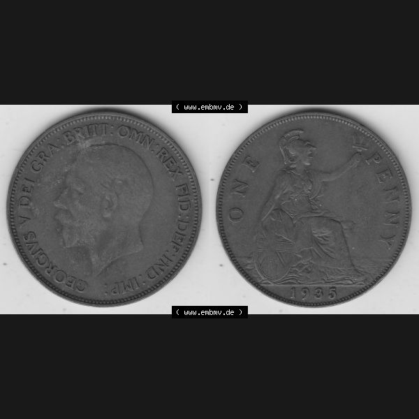 Grau bzw. s/w Münzen Großbritannien Umlaufmünze 1928-1936, 1 One Penny, 1935-1, George V. BM GEORGIVS V DEI GRABRITTOMNREX FIDDEFINDIMP. Vorderseite und Rückseite... Sammlung Graustufen