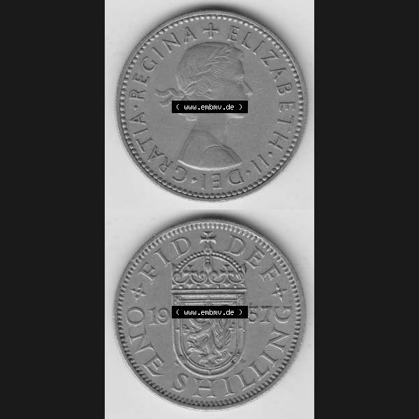 Grau bzw. s/w Münzen Großbritannien Umlaufmünze 1954-1970, 1 Schilling - Shilling, 1957-1 Wappen mit einen Löwen. Vorderseite und Rückseite vertikal untereinander auf einen... Sammlung Graustufen