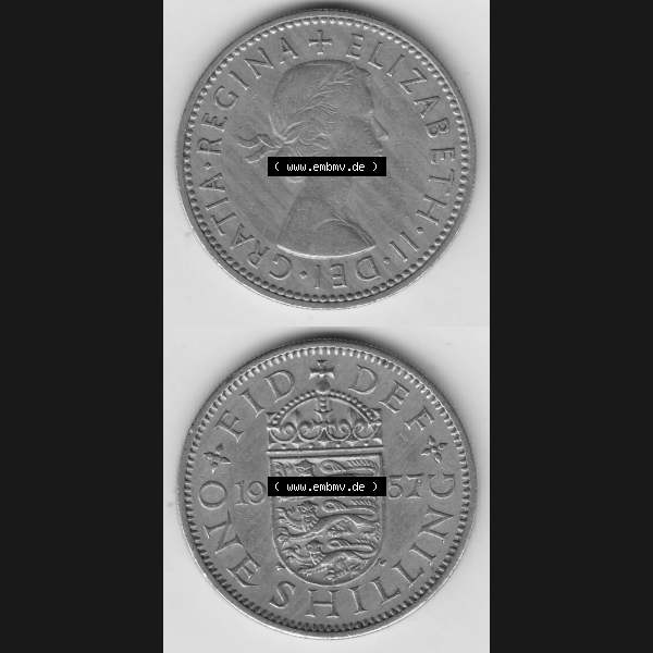 Grau bzw. s/w Münzen Großbritannien Umlaufmünze 1954-1970, 1 Schilling - Shilling, 1957-1 Wappen mit 3 Löwen. Vorderseite und Rückseite vertikal untereinander auf einen digitalen... Sammlung Graustufen