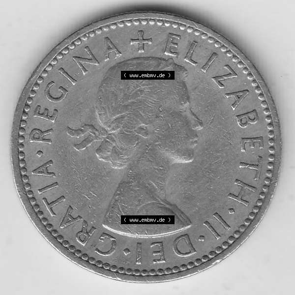 Grau bzw. s/w Münzen Großbritannien Umlaufmünze 1954-1970, 1 Schilling - One Shilling, 1960-1 Wappen mit drei Löwen. Vorderseite der alten britischen Münze aus Großbritannien... Sammlung Graustufen