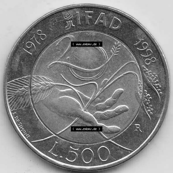 Grau bzw. s/w Bildmaterial von Münzen aus Italien / Italia Gedenkmünzen 1998-1998, 500 Lire, 20 Jahre Internationaler Fonds für die landwirtschaftliche Entwicklung (1978-1998)-1.... Sammlung Graustufen