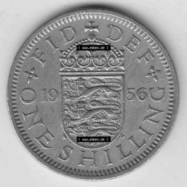 Grau bzw. s/w Münzen Großbritannien Umlaufmünze 1954-1970, 1 Schilling - Shilling, 1956-2 Wappen mit 3 Löwen (2) Sammlung Graustufen