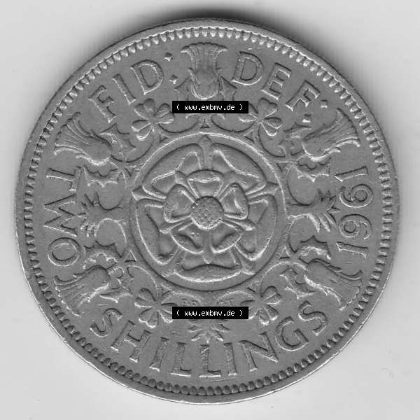 Grau bzw. s/w Münzen Großbritannien Umlaufmünze 1954-1970, 2 Schilling - Shillings 1961-1. Rückseite der alten britischen Münze aus Großbritannien zum katalogisieren und... Sammlung Graustufen