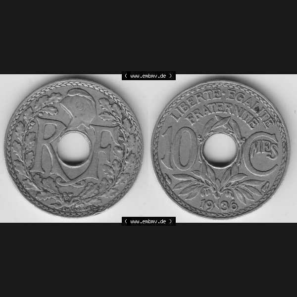 Grau bzw. s/w Münzen Frankreich Umlaufmünze 1917-1938, 10 Centimes - Cmes 1936. Vorderseite und Rückseite horizontal auf einen digitalen Bild der alten französischen Umlaufmünze... Sammlung Graustufen
