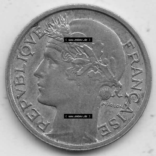 Grau bzw. s/w Alte Münzen KMS Frankreich, aus Kursmünzensatz-Zusammenstellung der Jahre 1917-1952, mit der Münze 1931-1947, 50 Centimes, 1938-1. Vorderseite der alten französischen... Sammlung Graustufen