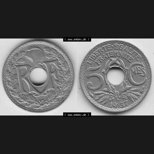 Grau bzw. s/w Alte Münzen KMS Frankreich, aus Kursmünzensatz-Zusammenstellung der Jahre 1917-1952, mit der Münze 1920-1938, 5 Cmes, Centimes 1937-1. Vorderseite und Rückseite... Sammlung Graustufen
