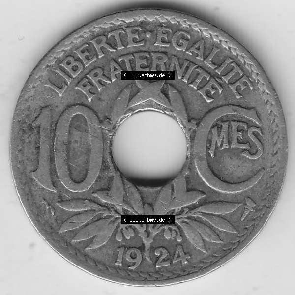 Grau bzw. s/w Münzen Frankreich Umlaufmünze 1917-1938, 10 Centimes, 10 CMES EGALITÉ FRATERNITÉ LIBERTÉ 1924-1. Digitales Bild der Rückseite mit Wertzahl / Nennwert... Sammlung Graustufen