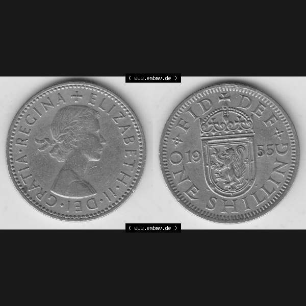 Grau bzw. s/w Münzen Großbritannien Umlaufmünze 1954-1970, 1 Schilling - One Shilling, 1955-1 Wappen mit einen Löwen. Vorderseite und Rückseite horizontal auf einen digitalen... Sammlung Graustufen