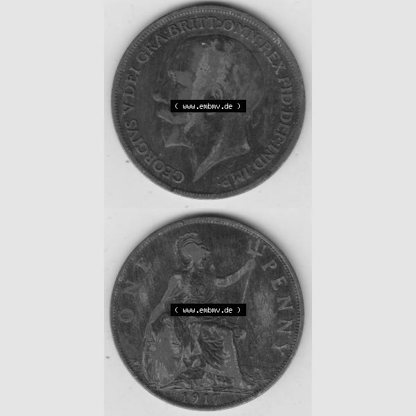 Grau bzw. s/w Münzen Großbritannien Umlaufmünze 1911-1926, 1 One Penny, 1917-1, George V, B.M. GEORGIVS V DEI GRABRITTOMNREX FIDDEFINDIMP. Vorderseite und... Sammlung Graustufen