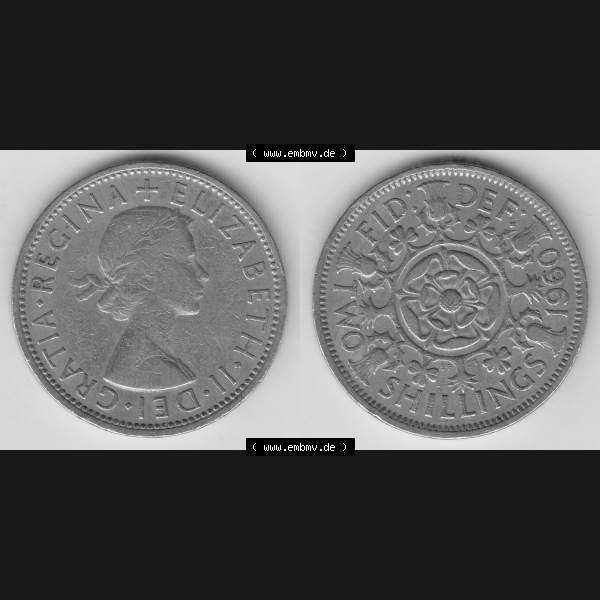 Grau bzw. s/w Münzen Großbritannien Umlaufmünze 1954-1970, 2 Schilling - Shillings 1960-1. Vorderseite und Rückseite horizontal auf einen digitalen Bild der alten britischen Münze... Sammlung Graustufen