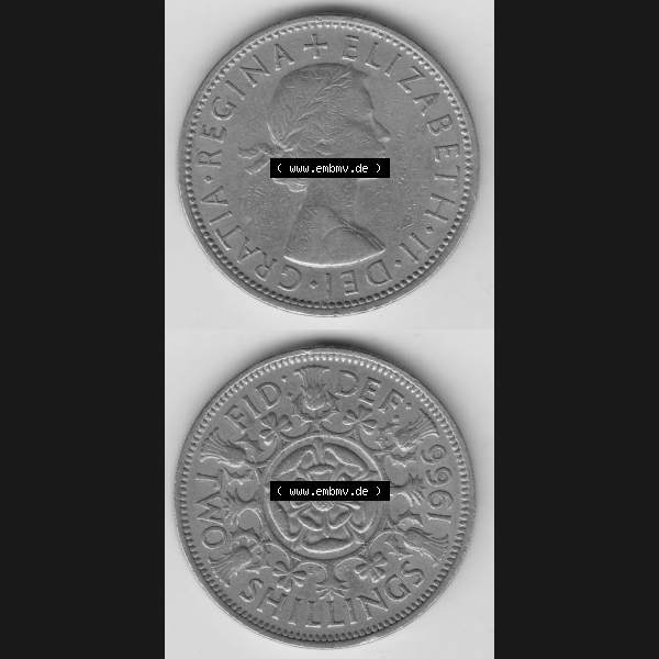 Grau bzw. s/w Münzen Großbritannien Umlaufmünze 1954-1970, 2 Schilling - Shillings 1966-3. Vorderseite und Rückseite vertikal untereinander auf einen digitalen Bild der alten britischen... Sammlung Graustufen