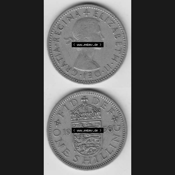Grau bzw. s/w Münzen Großbritannien Umlaufmünze 1954-1970, 1 Schilling - Shilling, 1956-1 Wappen mit 3 Löwen. Vorderseite und Rückseite vertikal untereinander auf einen digitalen... Sammlung Graustufen