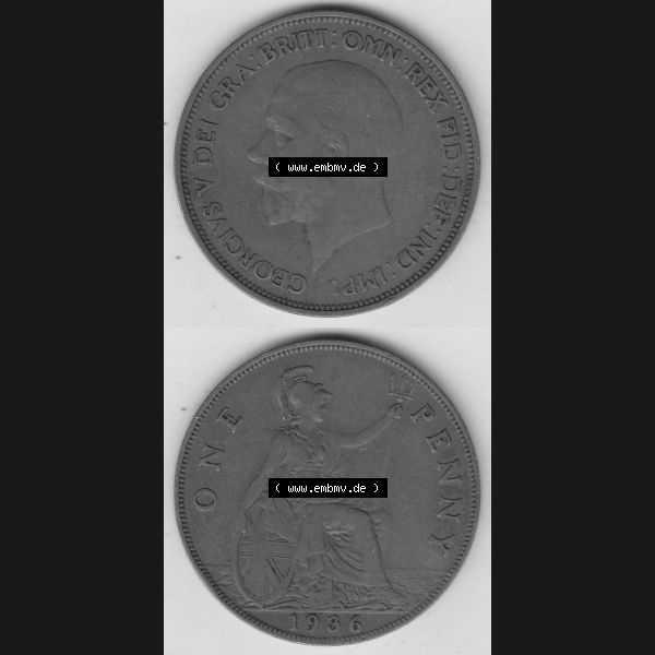 Grau bzw. s/w Münzen Großbritannien Umlaufmünze 1928-1936, 1 One Penny, 1936-1, George V. BM GEORGIVS V DEI GRABRITTOMNREX FIDDEFINDIMP. Vorderseite und Rückseite... Sammlung Graustufen