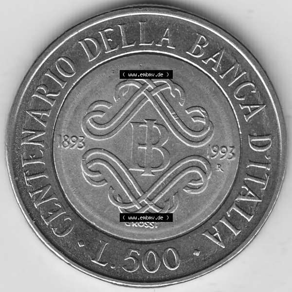 Grau bzw. s/w Bildmaterial von Münzen aus Italien / Italia Gedenkmünzen 1993-1993, 500 Lire, 100 Jahre Bank von Italien (1893-1993), CENTENARIO DELLA BANCA DITALIA GROSSI.... Sammlung Graustufen