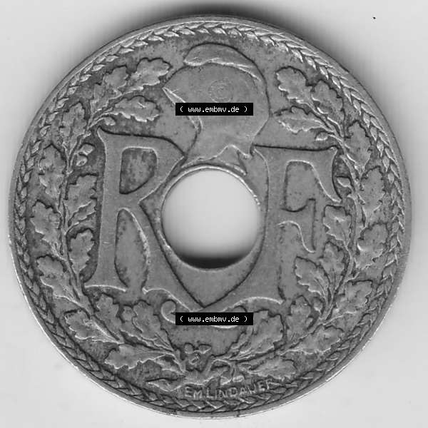 Grau bzw. s/w Münzen Frankreich Umlaufmünze 1917-1938, 10 Centimes - Cmes 1935-4. Vorderseite der alten französischen Umlaufmünze 10 Cmes - Centimes - Cent aus Frankreich in der Francs-Währung... Sammlung Graustufen