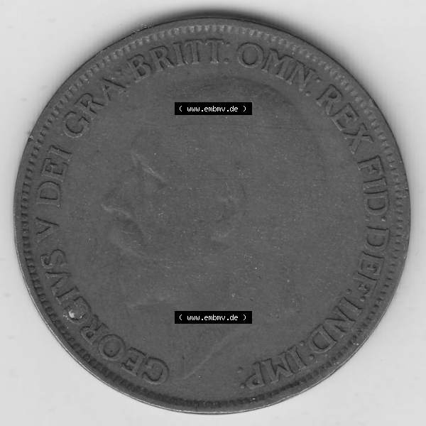 Grau bzw. s/w Münzen Großbritannien Umlaufmünze 1927-1927, 1 One Penny, 1927-2, George V, BM GEORGIVS V DEI GRABRITTOMNREX FIDDEFINDIMP. Vorderseite der alten britischen... Sammlung Graustufen