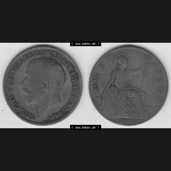 Grau bzw. s/w Münzen Großbritannien Umlaufmünze 1911-1926, 1 One Penny, 1913-1, George V, B.M. GEORGIVS V DEI GRABRITTOMNREX FIDDEFINDIMP. Vorderseite und... Sammlung Graustufen