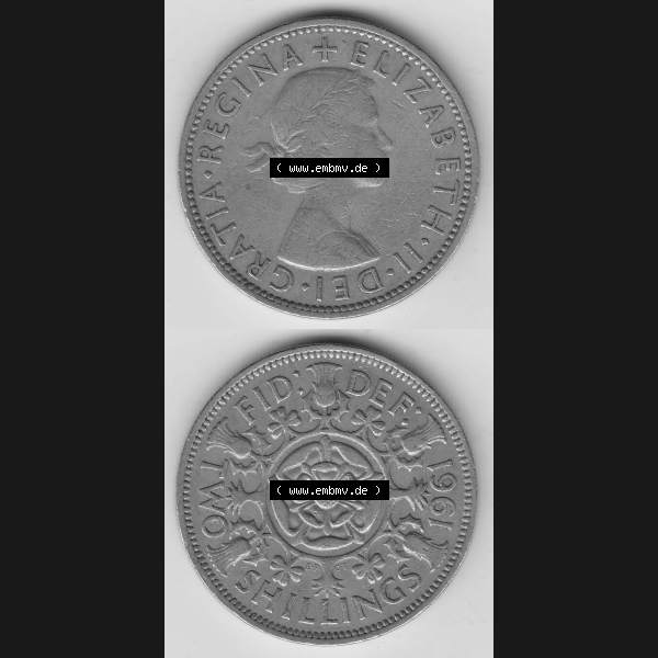 Grau bzw. s/w Münzen Großbritannien Umlaufmünze 1954-1970, 2 Schilling - Shillings 1961-1. Vorderseite und Rückseite vertikal untereinander auf einen digitalen Bild der alten britischen... Sammlung Graustufen