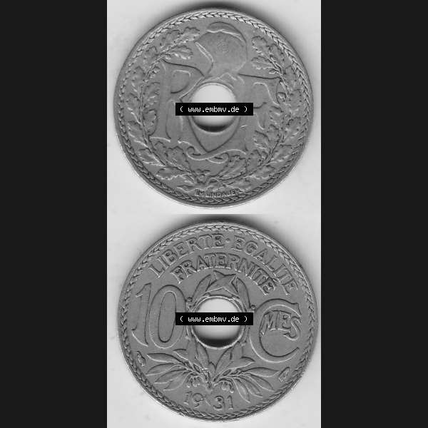 Grau bzw. s/w Münzen Frankreich Umlaufmünze Vollansicht 1917-1938, 10 Centimes, 10 CMES EGALITÉ FRATERNITÉ LIBERTÉ 1931-1. Vorderseite und Rückseite vertikal auf... Sammlung Graustufen