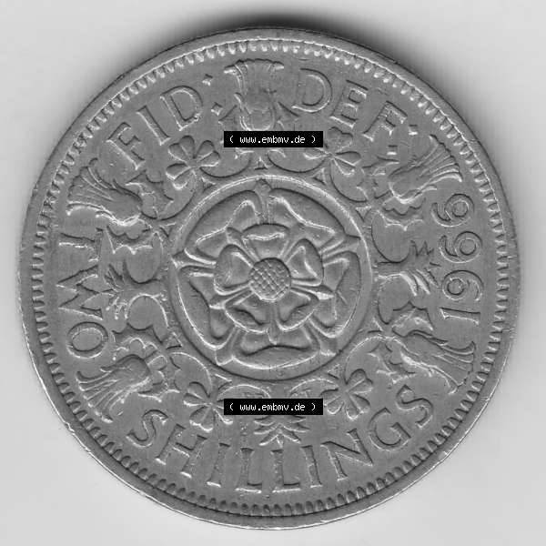 Grau bzw. s/w Münzen Großbritannien Umlaufmünze 1954-1970, 2 Schilling - Shillings 1966-6. Rückseite der alten britischen Münze aus Großbritannien zum katalogisieren und... Sammlung Graustufen