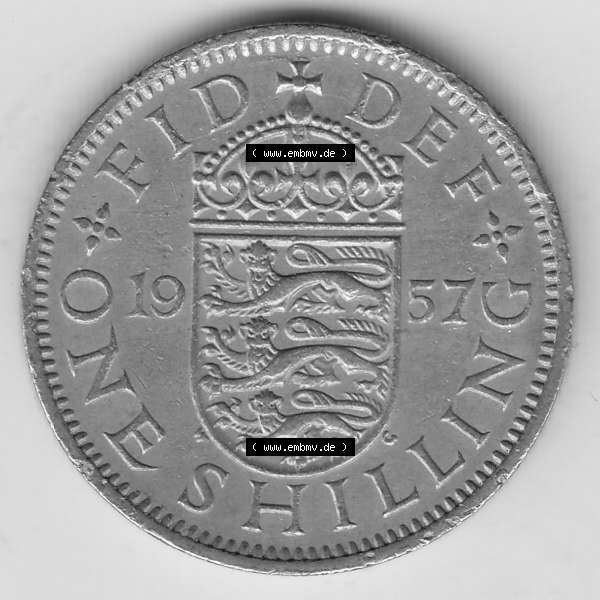 Grau bzw. s/w Münzen Großbritannien Umlaufmünze 1954-1970, 1 Schilling - Shilling, 1957-1 Wappen mit drei Löwen. Rückseite der alten britischen Münze aus Großbritannien... Sammlung Graustufen