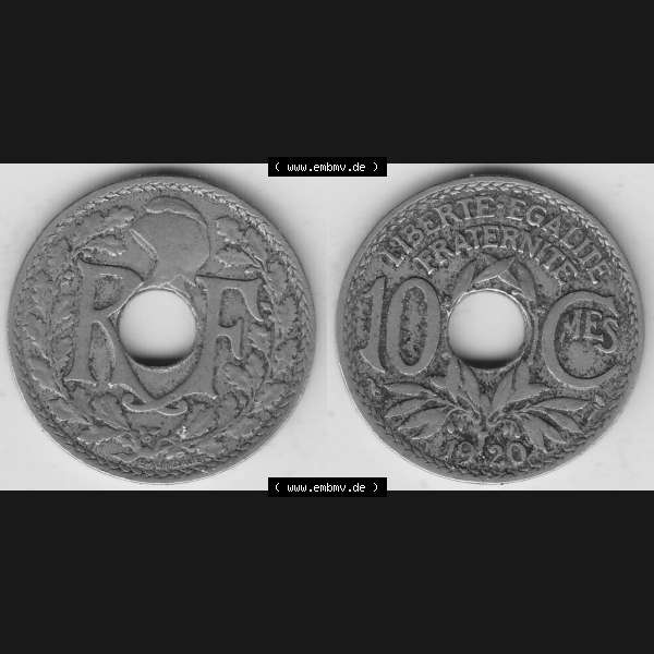 Grau bzw. s/w Münzen Frankreich Umlaufmünze Vollansicht 1917-1938, 10 Centimes, 10 CMES EGALITÉ FRATERNITÉ LIBERTÉ 1920-1. Beidseitiges Bildmaterial einer Umlaufmünze... Sammlung Graustufen