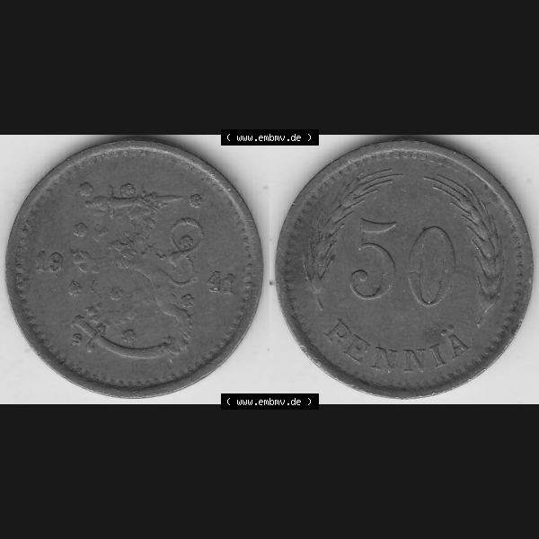 Grau bzw. s/w Alte Münzen KMS Finnland, Kursmünzensatz 1940-1943, 50 Penny, Penniä, Kupfer 1941-1. Digitales Bild / Bildmaterial mit Vorderseite und Rückseite einer... Sammlung Graustufen